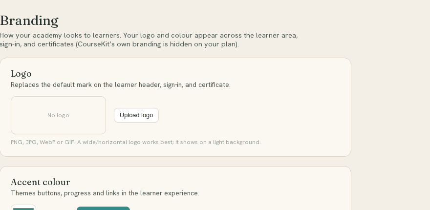 The Branding screen: upload a logo, set an accent colour, and edit the landing page.