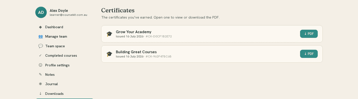 A learner's certificates page listing issued certificates.