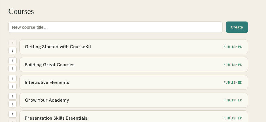 The Courses screen: a list of published courses with a box to create a new one.