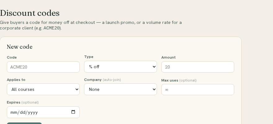 Creating a discount code: percentage off, which courses it applies to, and an optional company to auto-join.