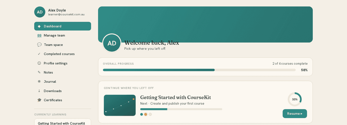 The learner's home: courses in progress with a continue button.