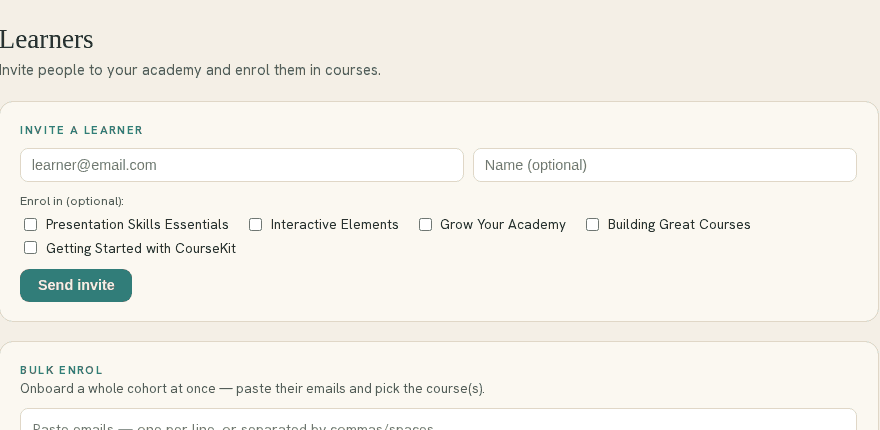 The Learners screen: invite a learner, or bulk-enrol a cohort by pasting emails.